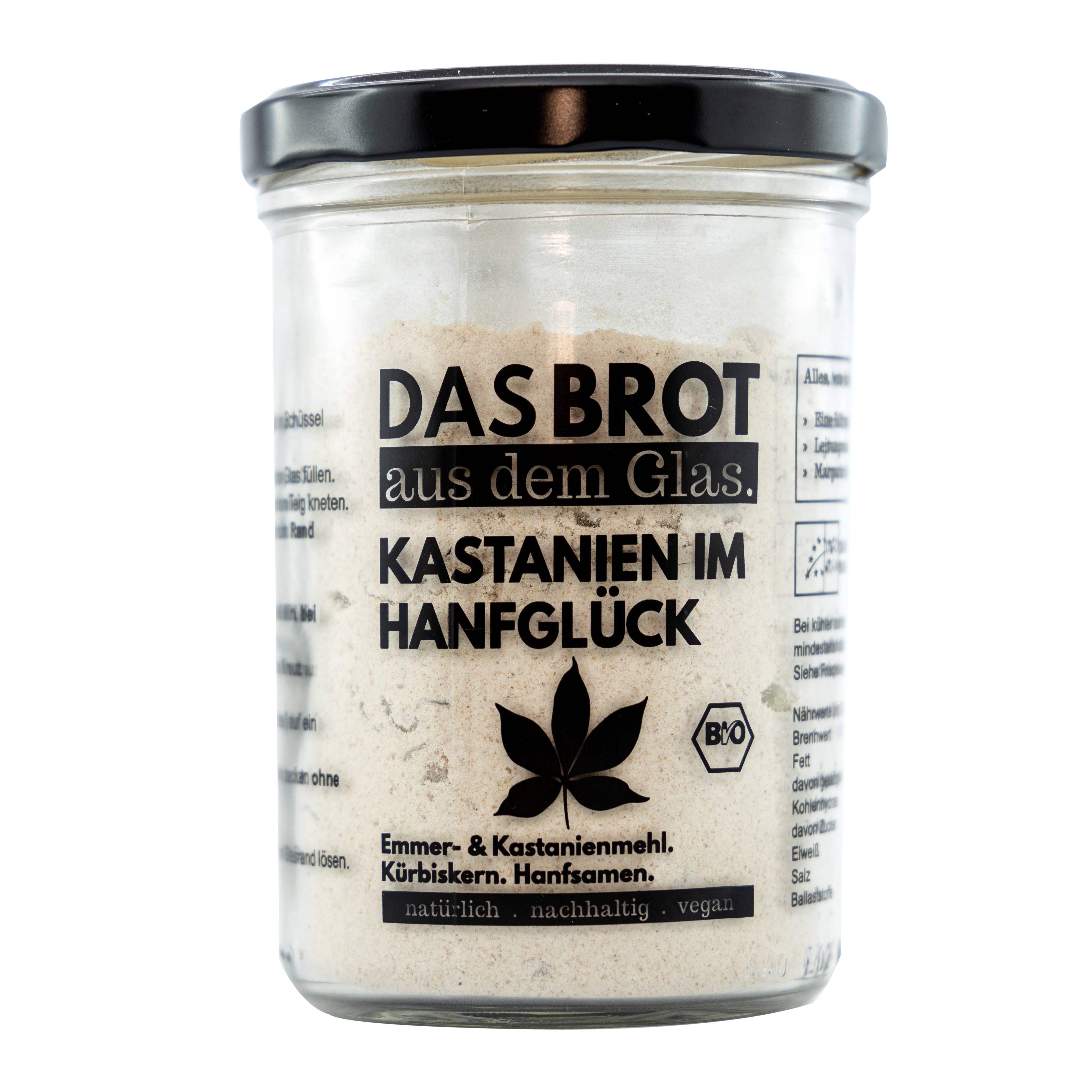 Bio-Brotbackmischung im Glas: Bio-Kastanien im Hanfglück