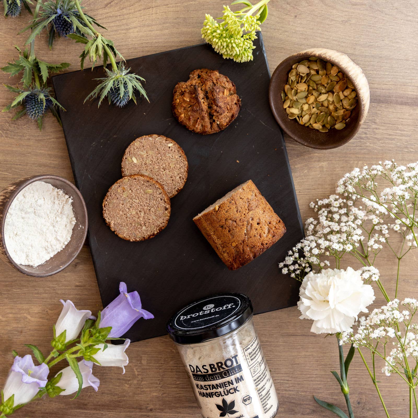 Bio-Brotbackmischung im Glas: Bio-Kastanien im Hanfglück